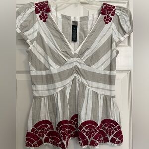 Anthropologie Striped Peplum V neck Top with Red Accents